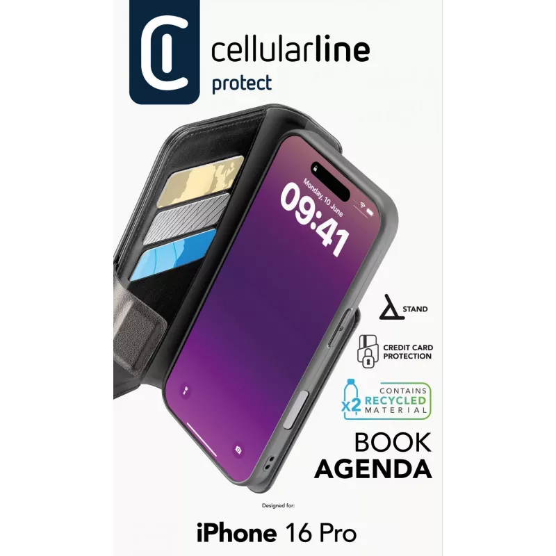 Cellularline Book Agenda iPhone 16 Pro odinis dėklas su magnetiniu užsegimu