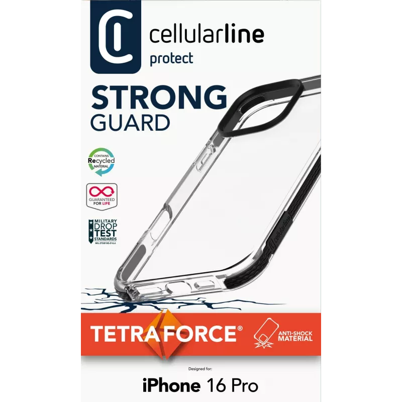 Cellularline Strong Guard dėklas iPhone 16 Pro išmaniajam telefonui, permatomas