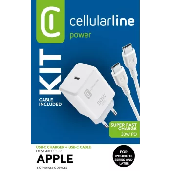Cellularline USB-C įkroviklio rinkinys 30W su USB-C laidu 1m, skirtas iPhone 15 serijai