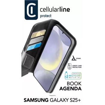 Cellularline Book Agenda dėklas Samsung Galaxy S25+ su magnetiniu užsegimu, dirbtinės odos apdaila, juodas