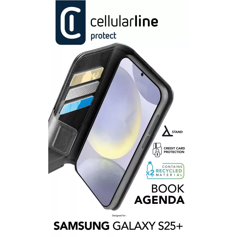 Cellularline Book Agenda dėklas Samsung Galaxy S25+ su magnetiniu užsegimu, dirbtinės odos apdaila, juodas