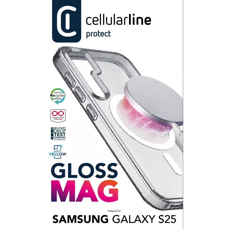 Cellularline Gloss Mag - Magnetinis dėklas Samsung Galaxy S25, skirtas įkrovimui ir tvirtinimui prie MagSafe įkroviklio