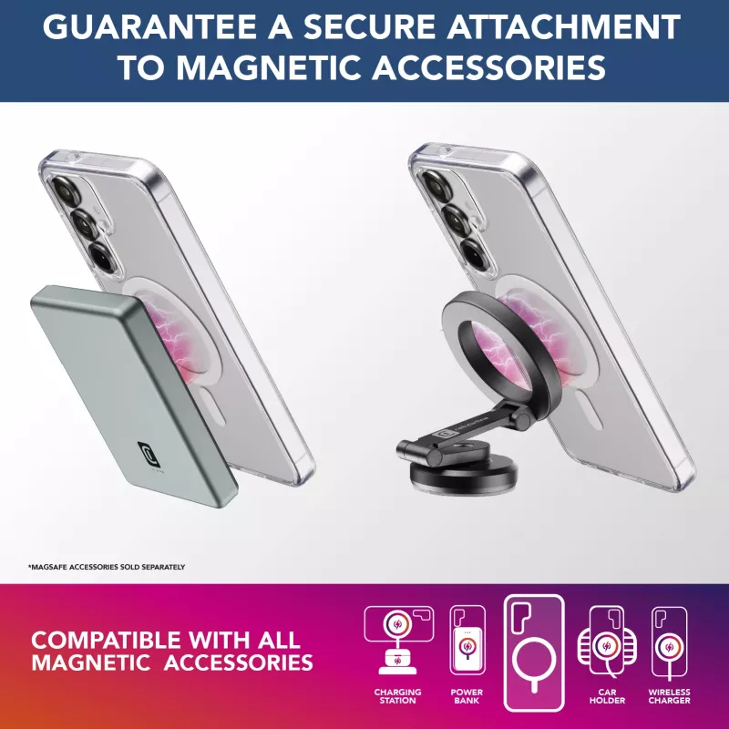 Cellularline Gloss Mag - Magnetinis dėklas Samsung Galaxy S25, skirtas įkrovimui ir tvirtinimui prie MagSafe įkroviklio