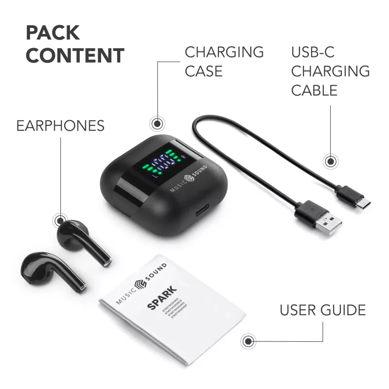 Ausinės Music Sound SPARK TWS su LED ekranu