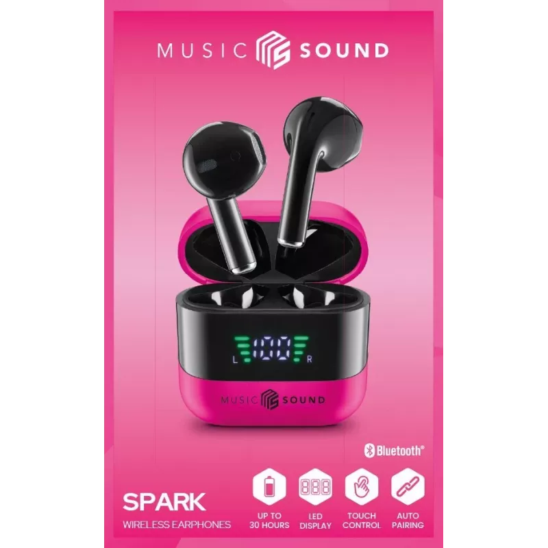 Ausinės Music Sound SPARK TWS su LED ekranu, rožinės spalvos