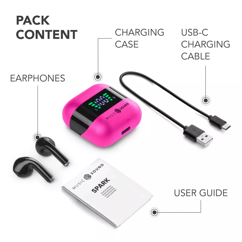 Ausinės Music Sound SPARK TWS su LED ekranu, rožinės spalvos
