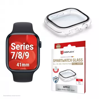 Displex 10H grūdintas stiklas Apple Watch 9/8/7 (41 mm), viso korpuso dėklas, IP68, užsegamas, permatomas