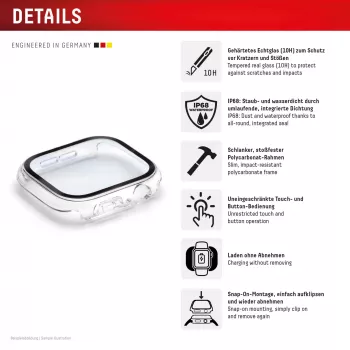 Displex 10H grūdintas stiklas Apple Watch 9/8/7 (41 mm), viso korpuso dėklas, IP68, užsegamas, permatomas