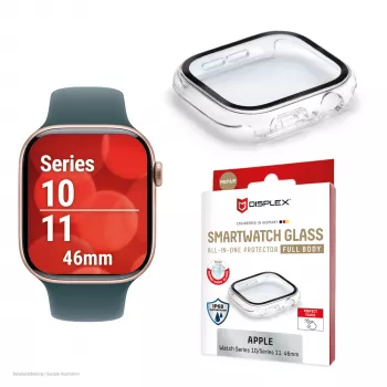 Apsauginis stiklas PanzerGlass Displex 10H, skirtas Apple Watch 11/10 42 mm, viso korpuso grūdintas stiklas, IP68, užspaudžiamas, juodas matinis
