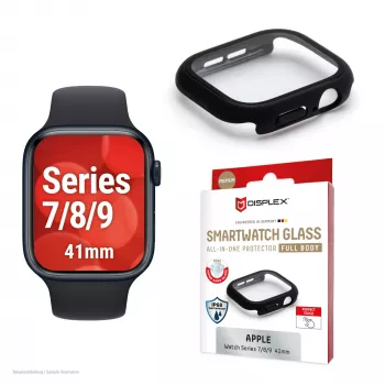 PanzerGlass Displex 10H grūdinto stiklo viso korpuso dėklas Apple Watch 41mm (Series 9/8/7), IP68, užsegamas, juodas matinis