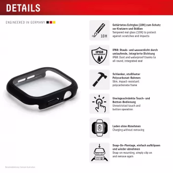 PanzerGlass Displex 10H grūdinto stiklo viso korpuso dėklas Apple Watch 41mm (Series 9/8/7), IP68, užsegamas, juodas matinis