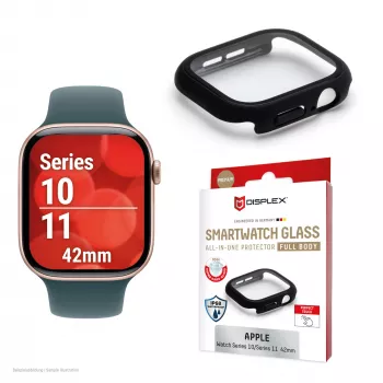 Displex 10H Grūdintas stiklas, skirtas Apple Watch 11/10 (42 mm), pilnas korpuso dangtelis, IP68, užsegamas, juodas matinis