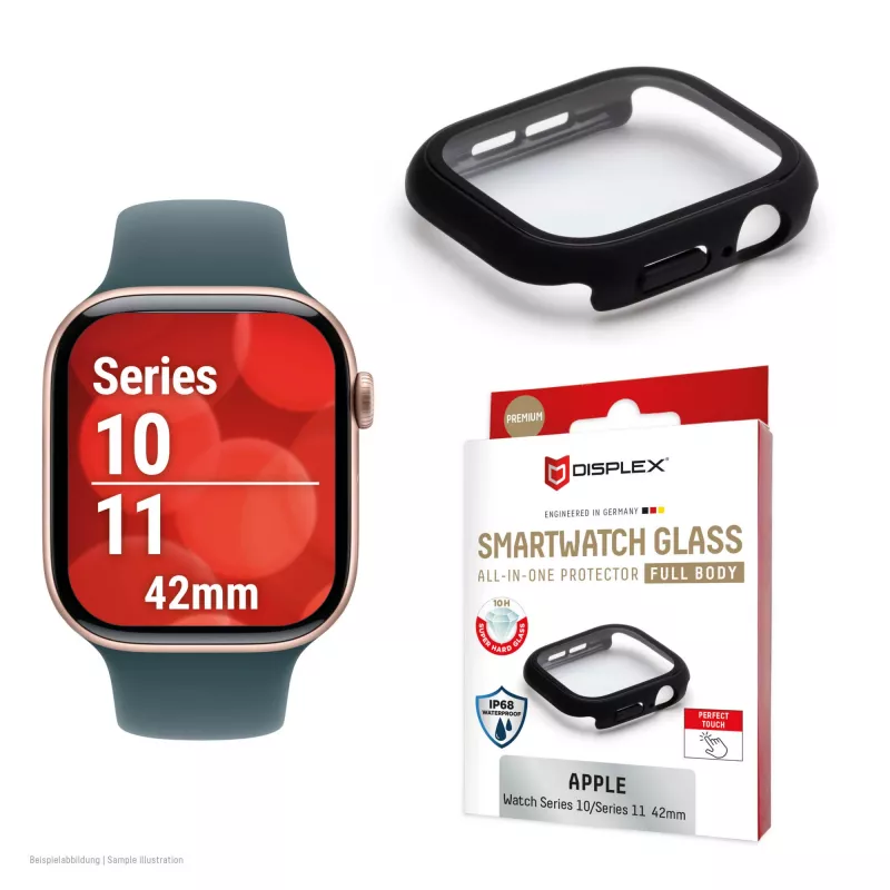 Displex 10H Grūdintas stiklas, skirtas Apple Watch 11/10 (42 mm), pilnas korpuso dangtelis, IP68, užsegamas, juodas matinis