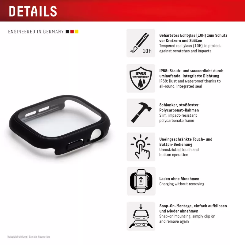 Displex 10H Grūdintas stiklas, skirtas Apple Watch 11/10 (42 mm), pilnas korpuso dangtelis, IP68, užsegamas, juodas matinis