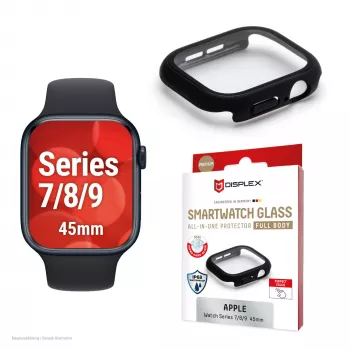 Displex 10H Grūdintas Stiklas Apple Watch 9/8/7 (45 mm) pilnas korpusas, IP68, užspaudžiamas, juodas matinis