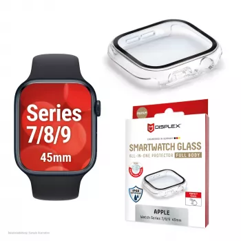 Apsauginis stiklas PanzerGlass Displex 10H, skirtas Apple Watch 9/8/7 45mm, viso korpuso grūdintas stiklas, IP68, užspaudžiamas, permatomas