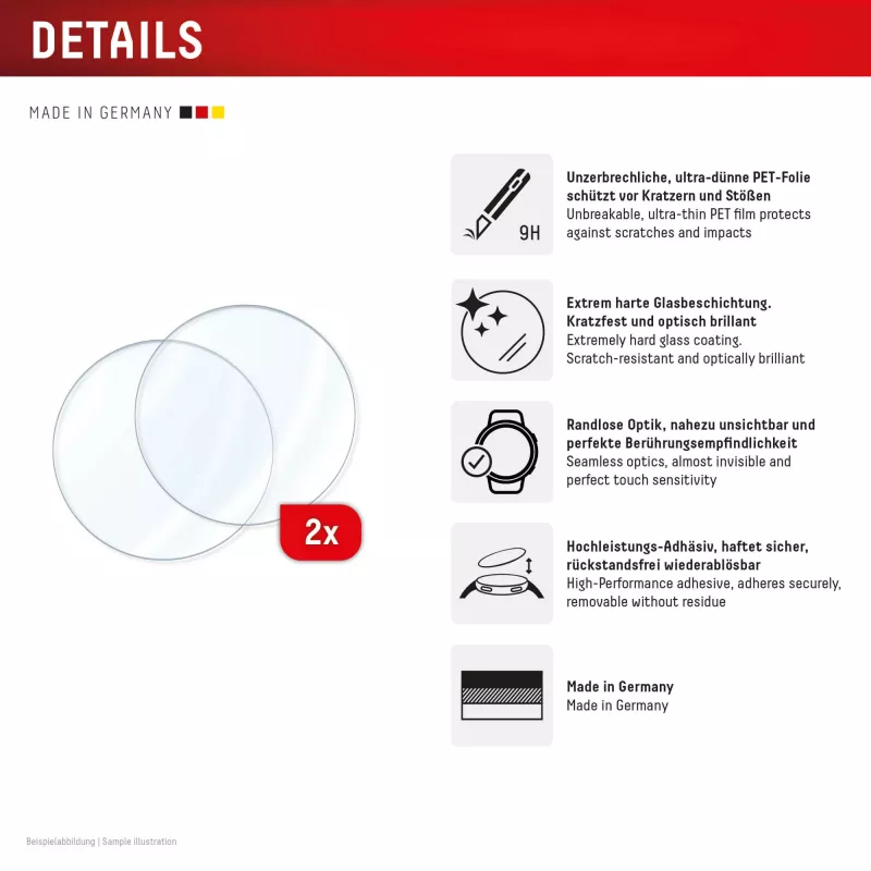 Displex 9H grūdintas stiklas Galaxy Watch 7/6 (44 mm), 2 vnt., itin plonas, berėmis, apsauga nuo pirštų atspaudų, pagaminta Vokietijoje