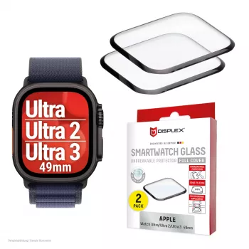 Displex Unbreakable Full Cover Smart Glass apsauginis stikliukas Apple Watch Ultra 3/Ultra 2/Ultra (49 mm), 2 vnt., nuo krašto iki krašto, permatomas