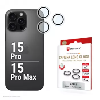 Displex Premium kameros lęšio stiklas, iPhone 15 Pro/15 Pro Max, 10H, vienas žiedas, DLC, permatomas, Quick Mount