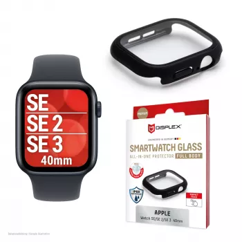Apsauginis stiklas PanzerGlass Displex 10H, skirtas Apple Watch SE3/SE2/SE (40 mm) – pilnas korpusas, IP68, užspaudžiamas, juodas matinis