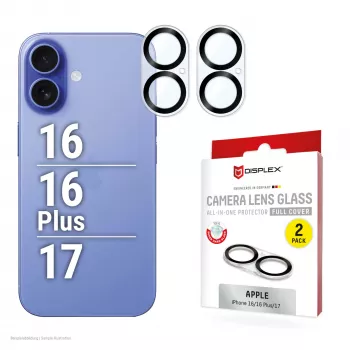 Displex Full Cover Camera Lens Glass iPhone 16/16 Plus/17, 10H, pilnas fotoaparato apsaugos stiklas, greitas montavimas, 2 vnt. pakuotė