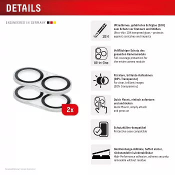 Displex Full Cover Camera Lens Glass iPhone 16/16 Plus/17, 10H, pilnas fotoaparato apsaugos stiklas, greitas montavimas, 2 vnt. pakuotė