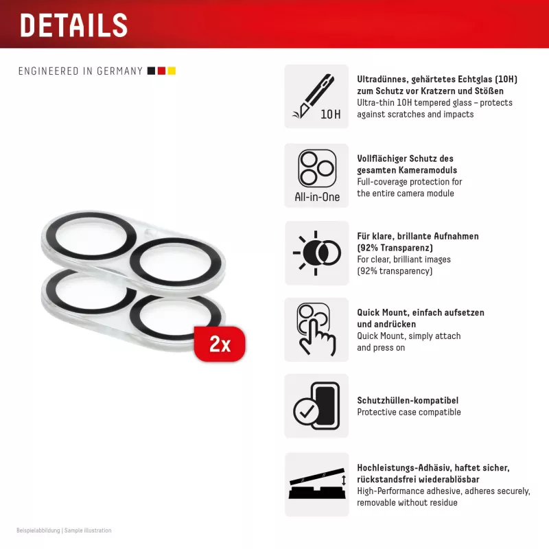 Displex Full Cover Camera Lens Glass iPhone 16/16 Plus/17, 10H, pilnas fotoaparato apsaugos stiklas, greitas montavimas, 2 vnt. pakuotė