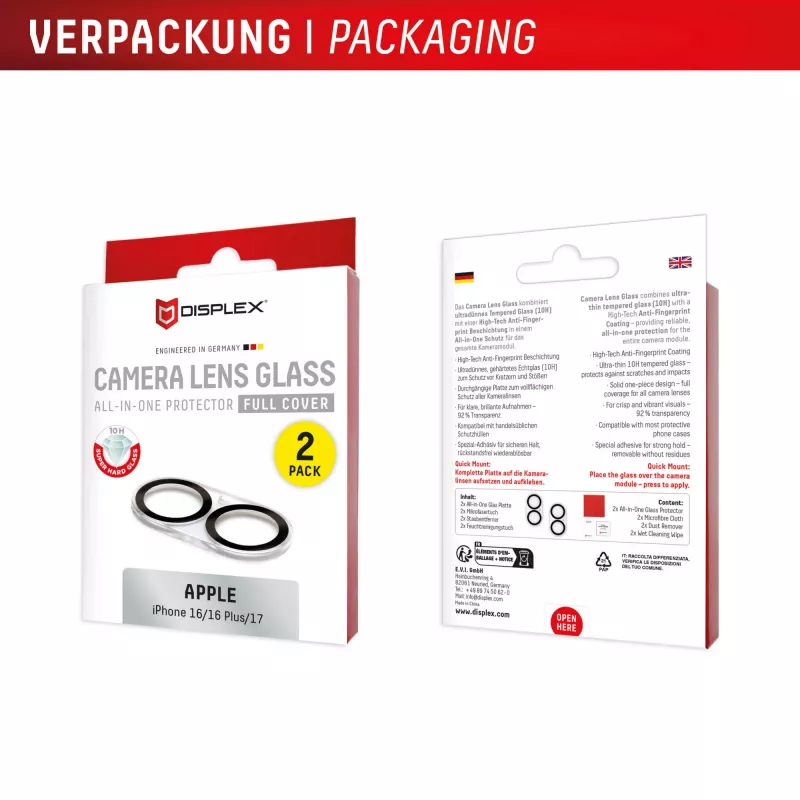 Displex Full Cover Camera Lens Glass iPhone 16/16 Plus/17, 10H, pilnas fotoaparato apsaugos stiklas, greitas montavimas, 2 vnt. pakuotė