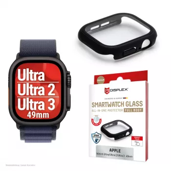 Apsauginis stiklas PanzerGlass Displex 10H, skirtas Apple Watch Ultra 3/Ultra 2/Ultra (49 mm), pilno korpuso, IP68, užsegamas, juodas matinis