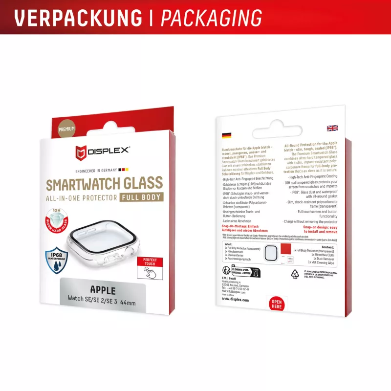 PanzerGlass Displex 10H grūdinto stiklo pilnas korpuso apsauginis dėklas Apple Watch SE/SE2/SE3 44mm, IP68, užsegamas, permatomas