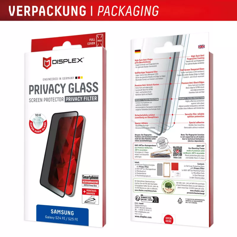 Displex privatumo apsauginis stiklas (10H) Samsung Galaxy S25 FE/S24 FE, su Eco montavimo rėmeliu