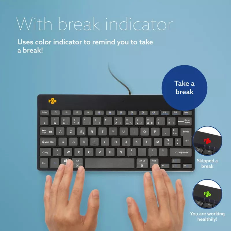 R-Go Tools ergonominė klaviatūra R-Go Compact Break, kompaktiška klaviatūra su pertraukų programine įranga, AZERTY (FR), laidinė, juoda