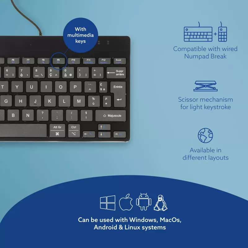 R-Go Tools ergonominė klaviatūra R-Go Compact Break, kompaktiška klaviatūra su pertraukų programine įranga, AZERTY (FR), laidinė, juoda