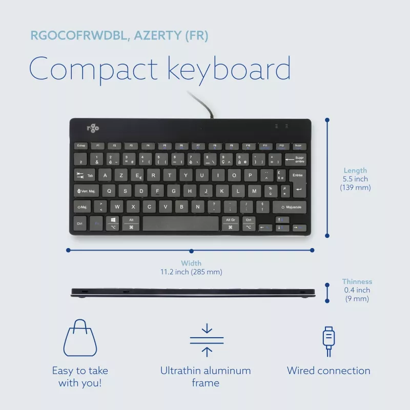 R-Go Tools ergonominė klaviatūra R-Go Compact Break, kompaktiška klaviatūra su pertraukų programine įranga, AZERTY (FR), laidinė, juoda