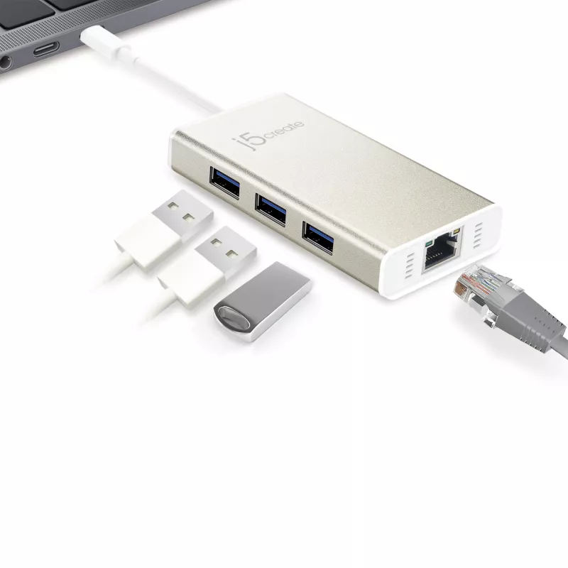j5create JCH471 USB-C™ Gigabit Ethernet ir stotelės adapteris, metalinis šampano spalvos
