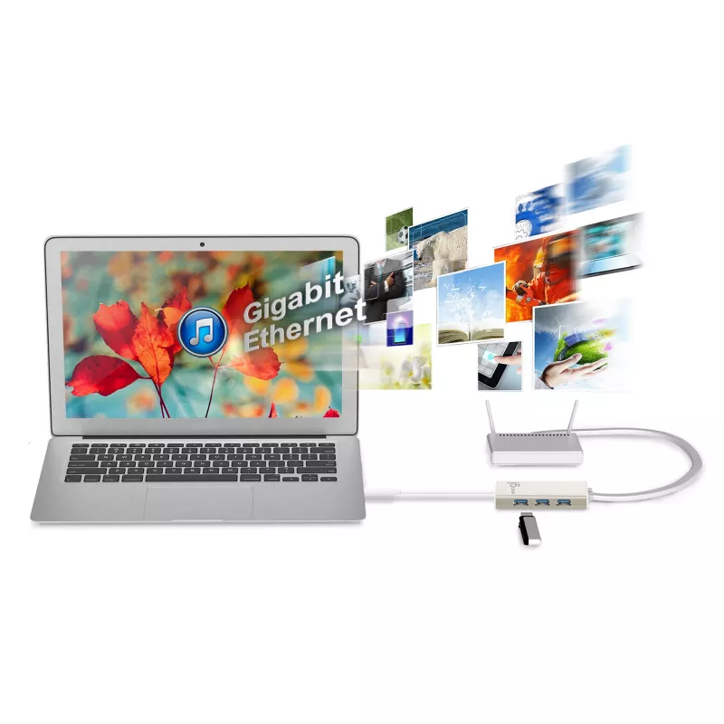 j5create JCH471 USB-C™ Gigabit Ethernet ir stotelės adapteris, metalinis šampano spalvos