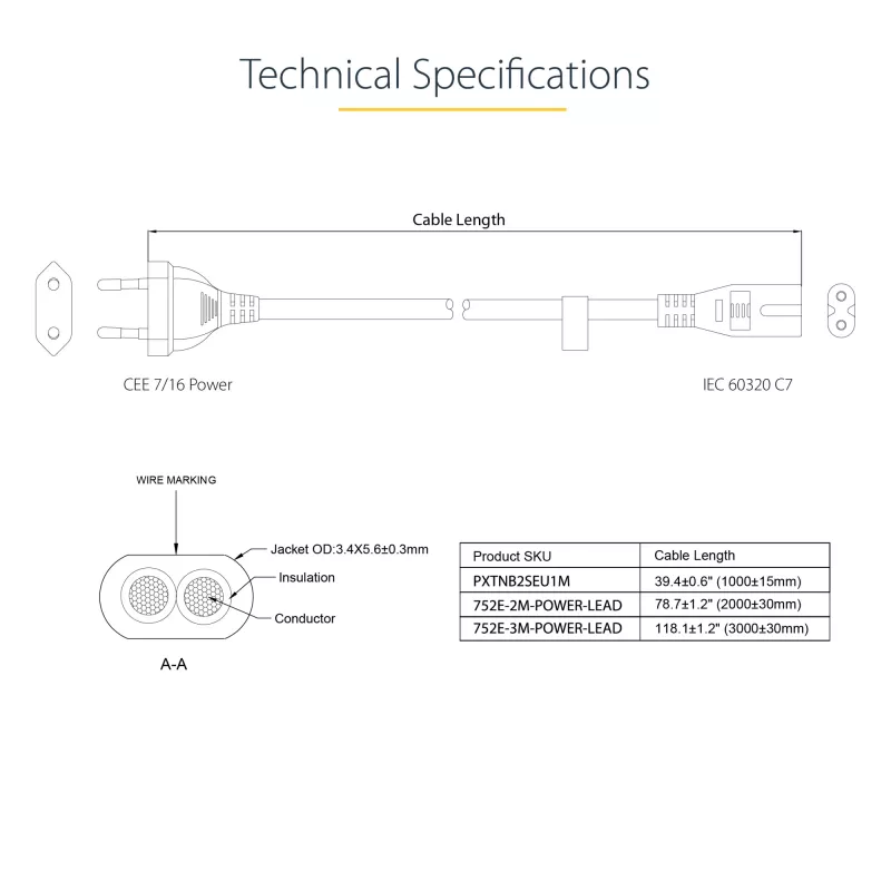 StarTech.com 3 m (10 pėdų) nešiojamojo kompiuterio maitinimo laidas, EU kištukas į C7, 2,5 A 250 V, 18 AWG, juodas