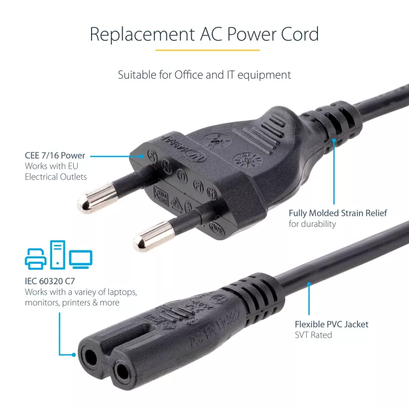 StarTech.com 3 m (10 pėdų) nešiojamojo kompiuterio maitinimo laidas, EU kištukas į C7, 2,5 A 250 V, 18 AWG, juodas