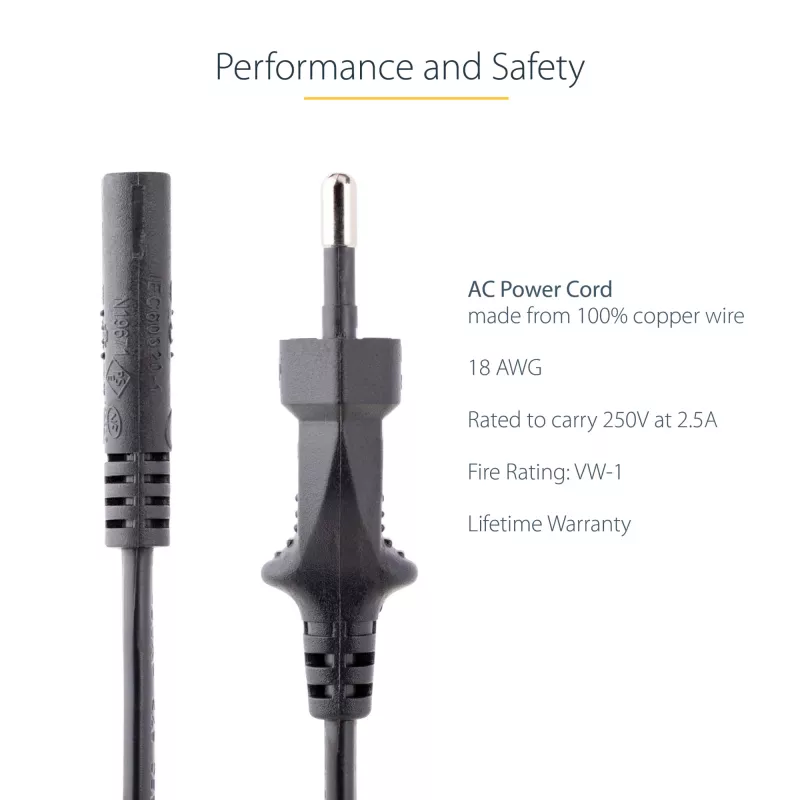 StarTech.com 3 m (10 pėdų) nešiojamojo kompiuterio maitinimo laidas, EU kištukas į C7, 2,5 A 250 V, 18 AWG, juodas