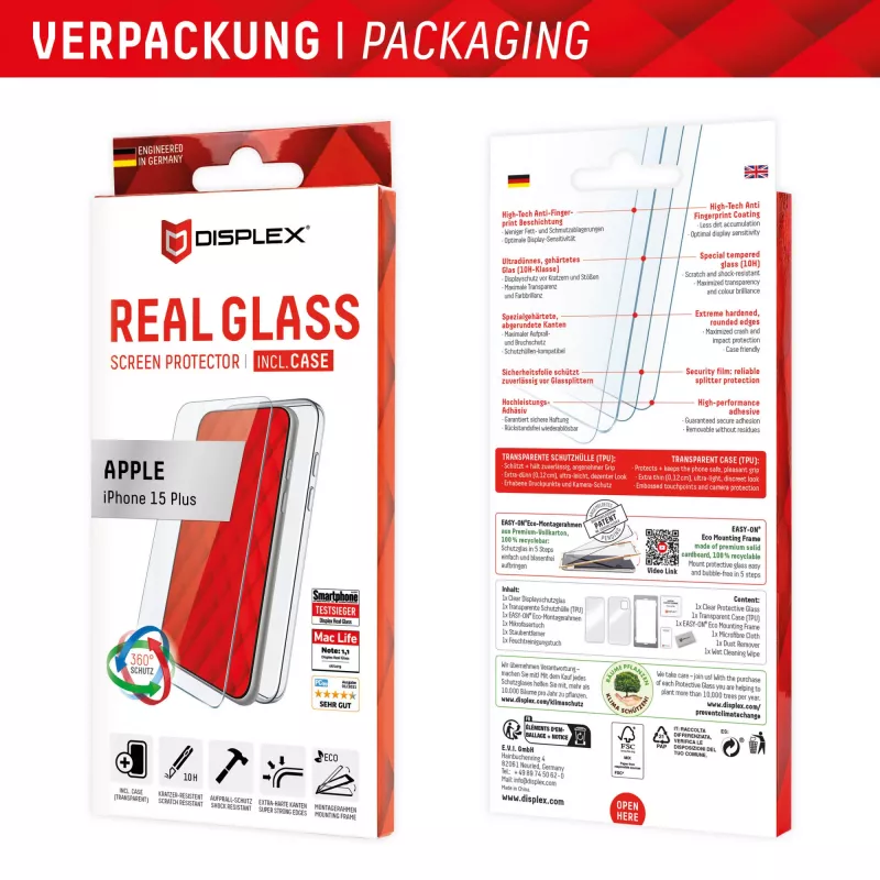 Displex Screen Protector + Dėklas Apple iPhone 15 Plus, Eco Montavimo Rėmelis, Atsparus Įbrėžimams