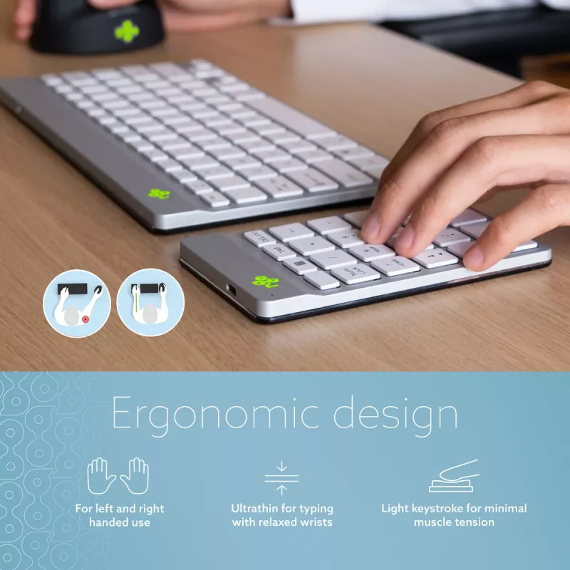 R-Go Tools Numpad Break ergonominė skaičių klaviatūra su pertraukų programine įranga, Bluetooth, balta