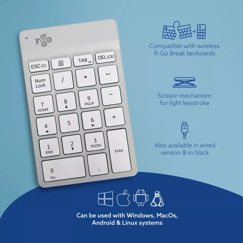 R-Go Tools Numpad Break ergonominė skaičių klaviatūra su pertraukų programine įranga, Bluetooth, balta