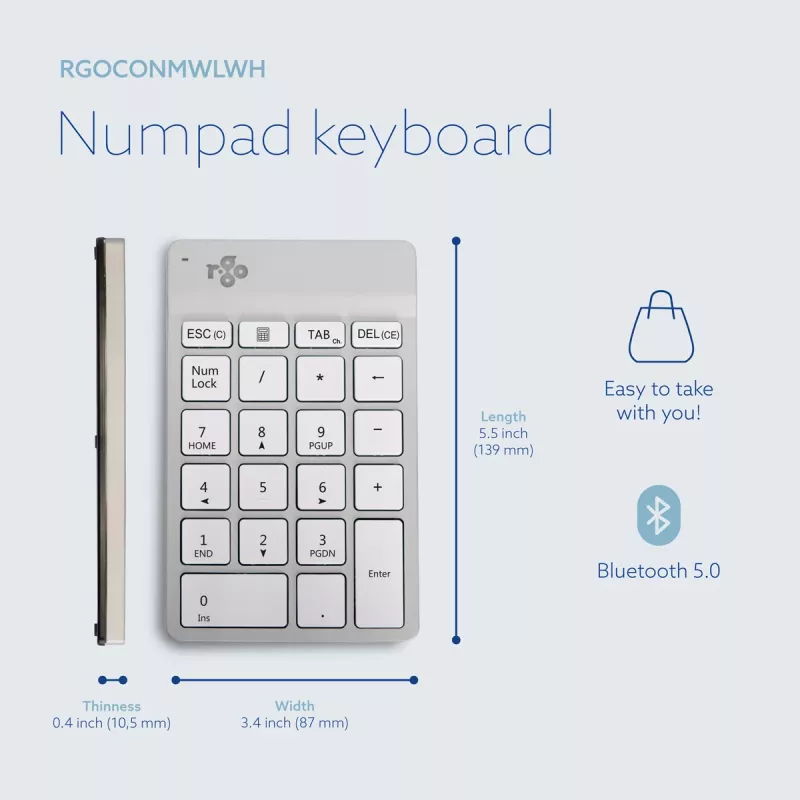 R-Go Tools Numpad Break ergonominė skaičių klaviatūra su pertraukų programine įranga, Bluetooth, balta
