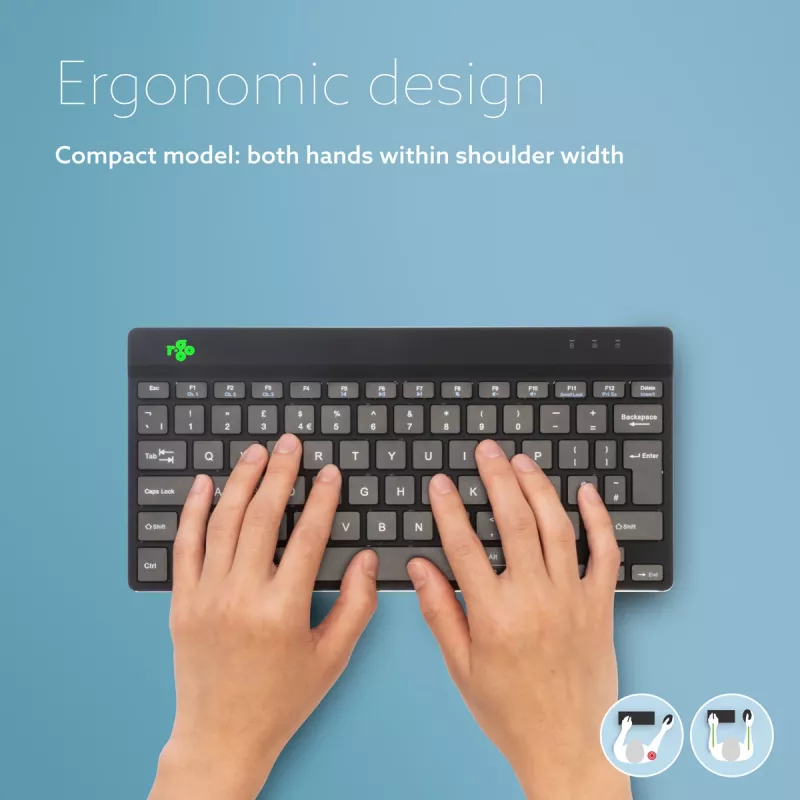 R-Go Tools ergonominė klaviatūra R-Go Compact Break, kompaktiška klaviatūra su pertraukų programine įranga, QWERTZ (DE), Bluetooth, juoda