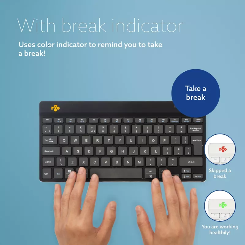 R-Go Tools ergonominė klaviatūra R-Go Compact Break, kompaktiška klaviatūra su pertraukų programine įranga, QWERTZ (DE), Bluetooth, juoda