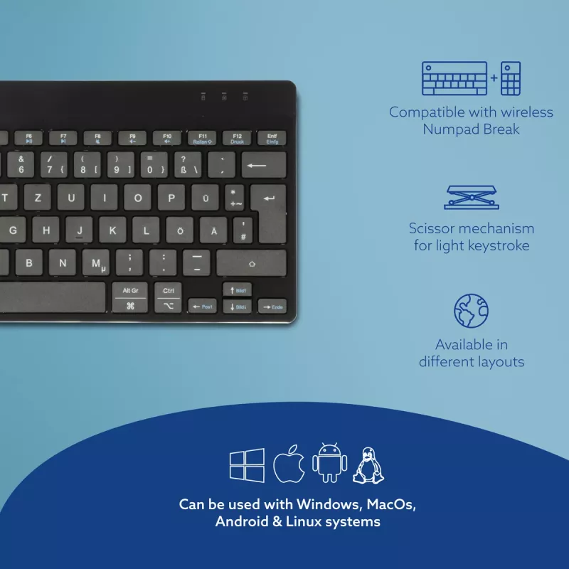 R-Go Tools ergonominė klaviatūra R-Go Compact Break, kompaktiška klaviatūra su pertraukų programine įranga, QWERTZ (DE), Bluetooth, juoda
