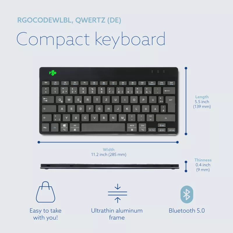 R-Go Tools ergonominė klaviatūra R-Go Compact Break, kompaktiška klaviatūra su pertraukų programine įranga, QWERTZ (DE), Bluetooth, juoda
