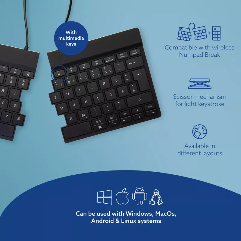Ergonominė klaviatūra R-Go Split Break su pertraukų programine įranga, išskirstyta ergonominė klaviatūra, QWERTZ (DE), Bluetooth, juoda