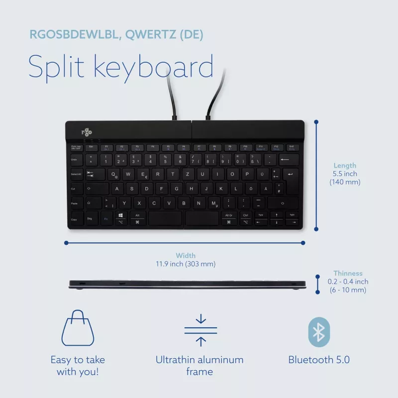 Ergonominė klaviatūra R-Go Split Break su pertraukų programine įranga, išskirstyta ergonominė klaviatūra, QWERTZ (DE), Bluetooth, juoda