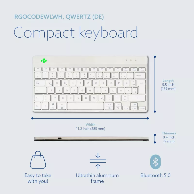 Ergonominė klaviatūra R-Go Tools Compact Break, kompaktiška su pertraukų programine įranga, QWERTZ (DE), Bluetooth, balta